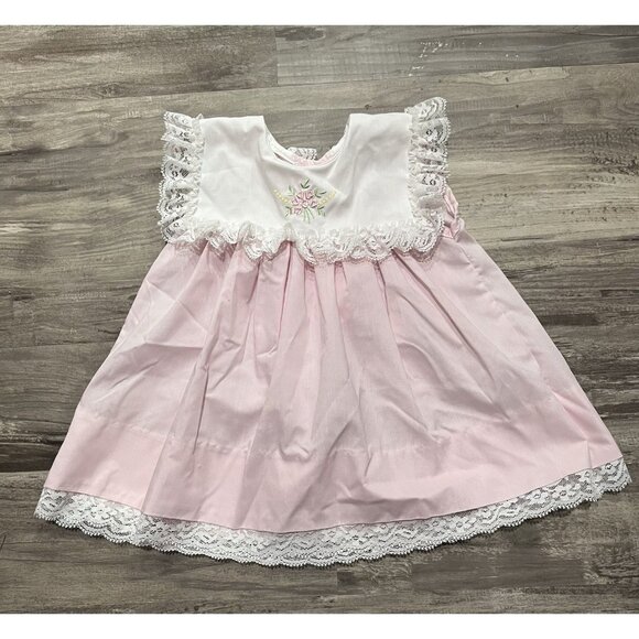 Vintage Girl's Dress 6 Months Party Floral Pink White Bib Lace Trim Flower 90s - Picture 1 of 7